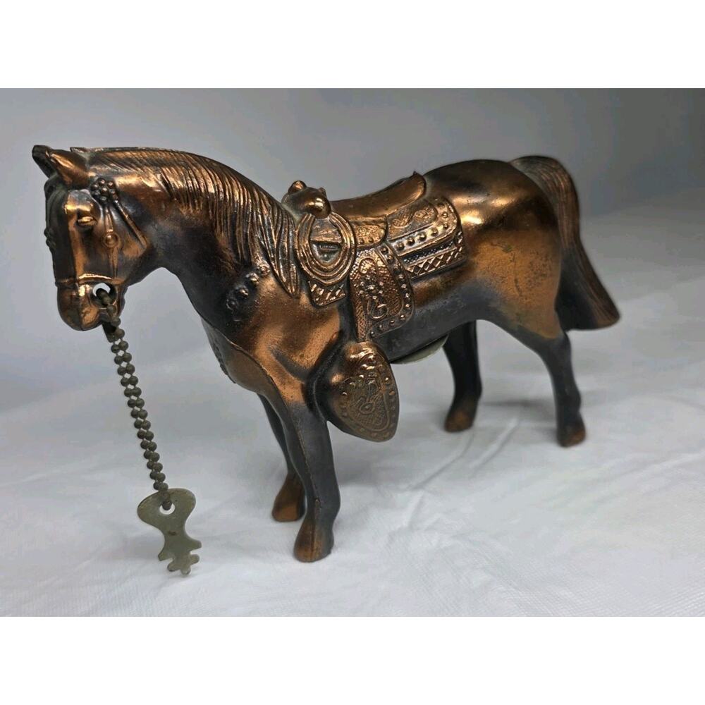 MCM Bronze Copper Brass Western Horse Bank 5" x 7" Saddle Toy With Key